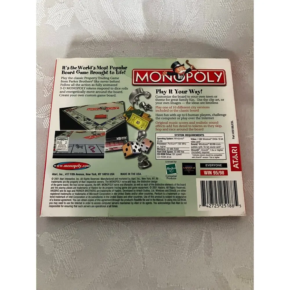 Monopoly PC CD-ROM Game 2001 Atari Windows 95 98 Complete w Manual Jewel Case